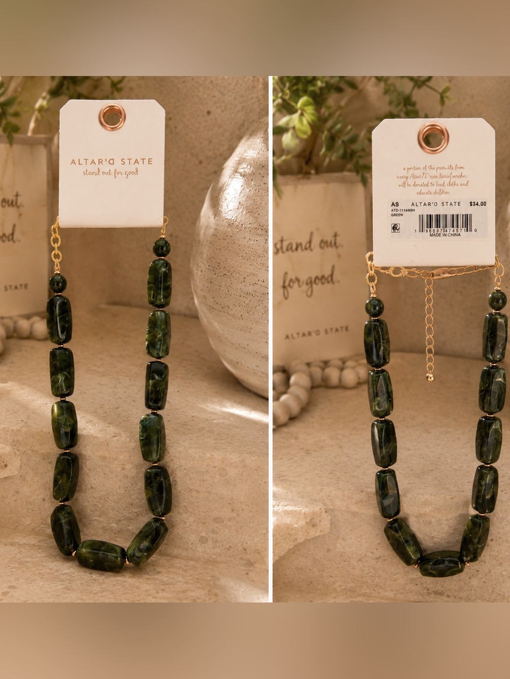 Altar’d State Chunky Green Marbled Bead Necklace NWT Statement Piece